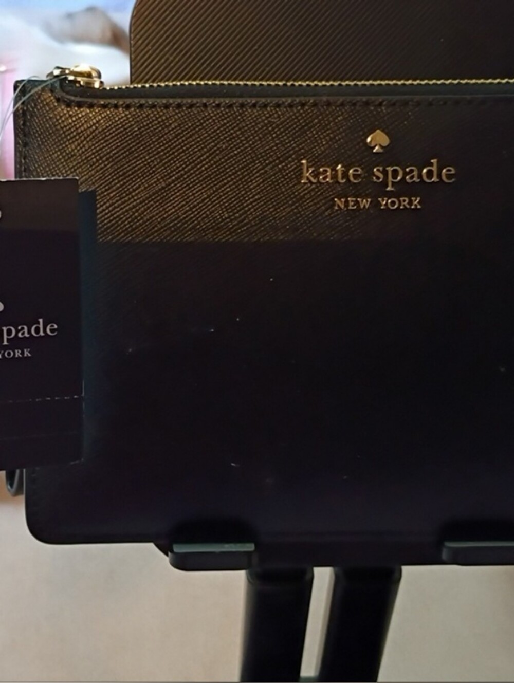 Brand New kate spade black zip-around leather wallet with gold logo